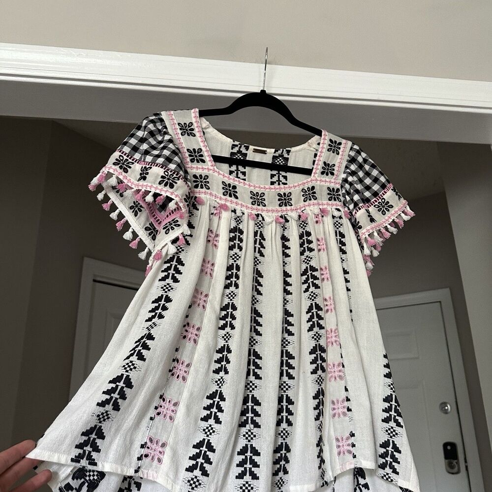 Dodo Bar Or White Pink Black Tassel Embroidered Blouse Flounce Sleeve Size Small